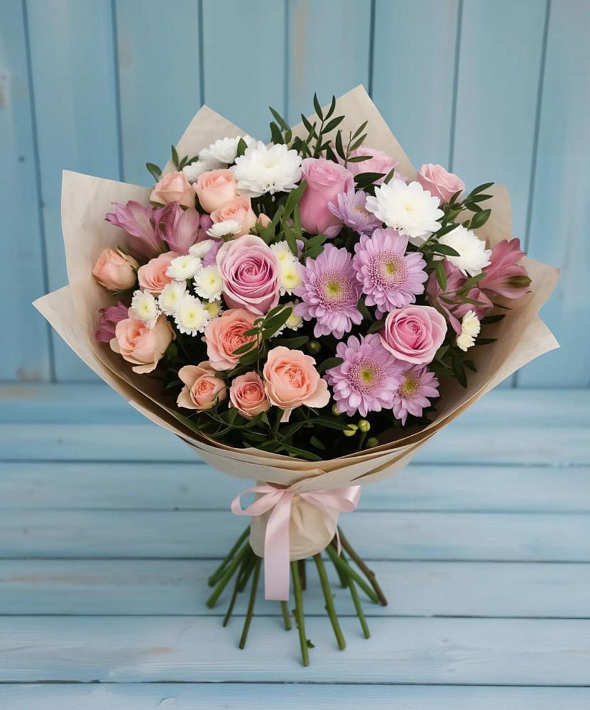 Букет цветов из: Хризантемы, Розы и Альстромерии в городе Шелехов