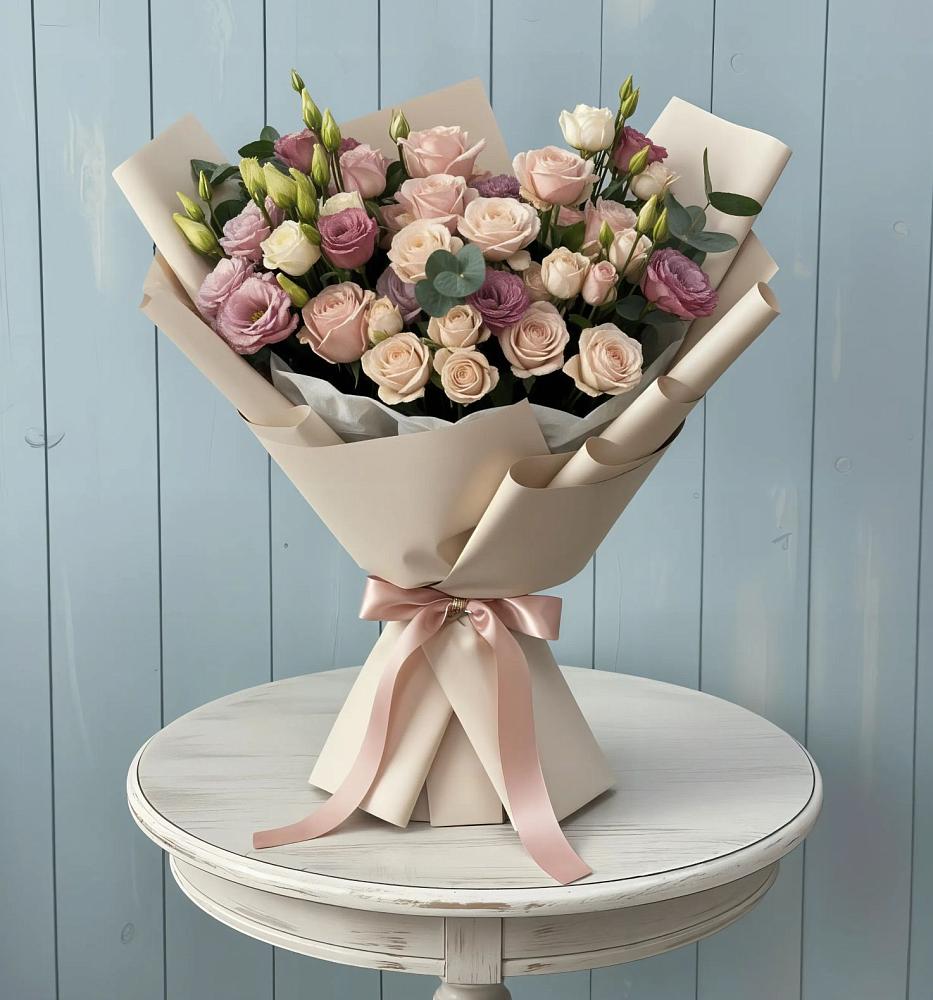 Букет цветов из: Розы и Лизиантусы в городе Шелехов