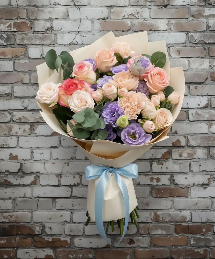 Букет цветов из: Розы, Лизиантусы и Гвоздики в городе Шелехов